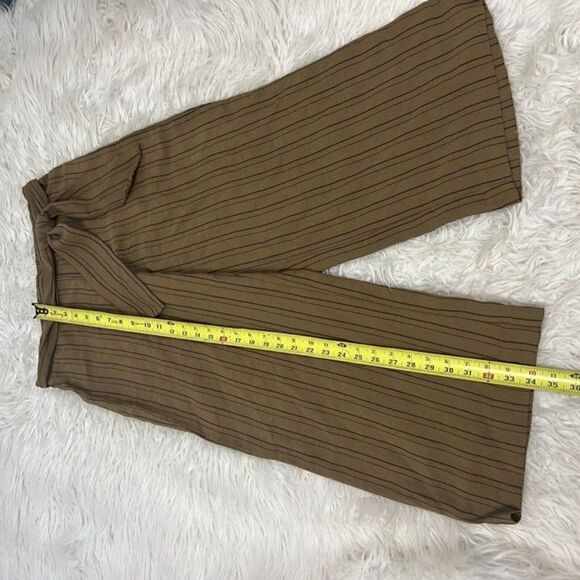 Calvin Klein Linen Brown Pinstriped Elastic Waist Tie Wide Leg Cropped Pants 6 - Picture 3 of 12